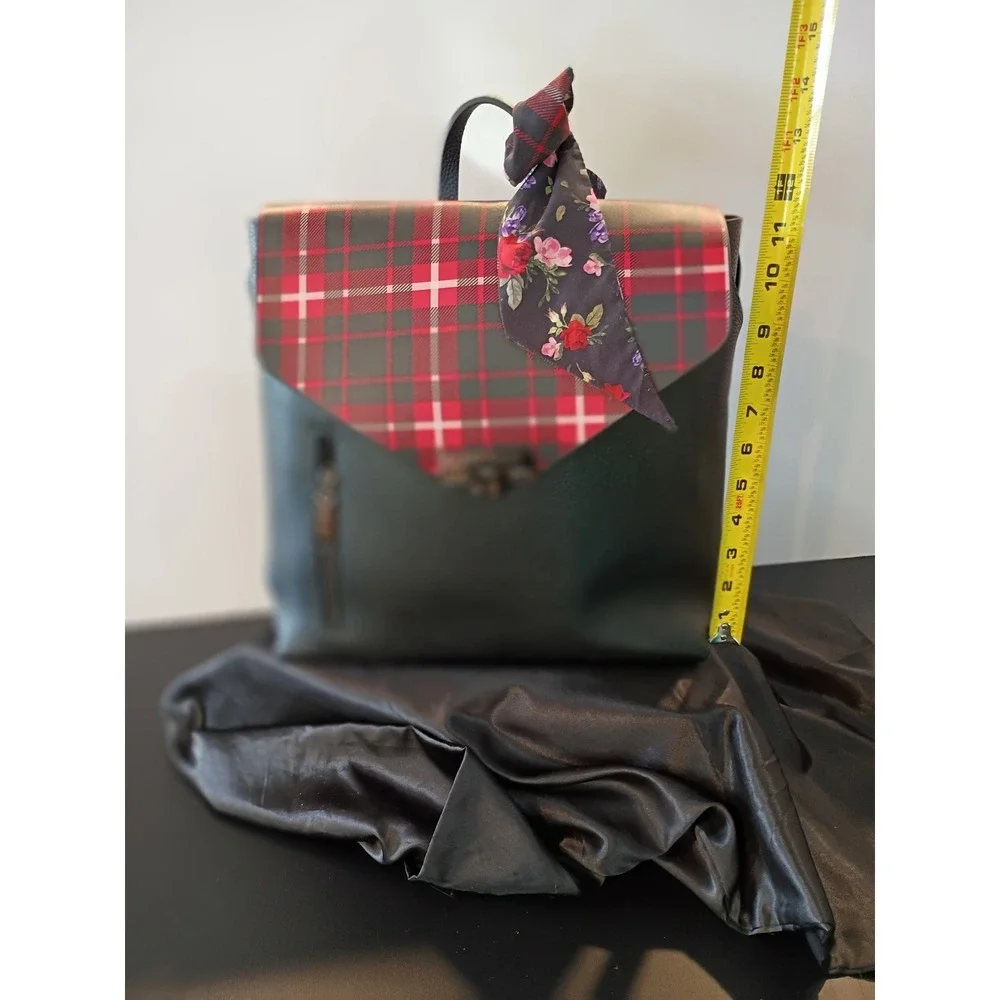 Steve Madden Black Pebbled Plaid Flap Backpack with‎ Floral Scarf Accent